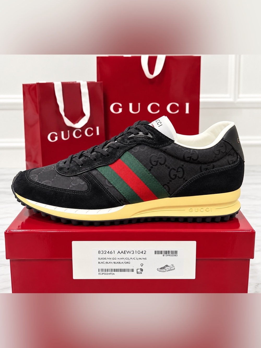 NWT Gucci Black GG Suede & Canvas Sneakers with Green and Red Web US 9.5